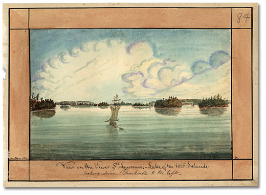 Aquarelle : Vue du fleuve Saint Laurent, avec les Mille Îles et Brockville, 1830