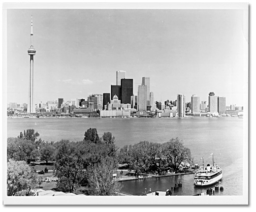 Photo: Toronto skyline showing the CN Tower with the Island Park in the foreground, [198-]