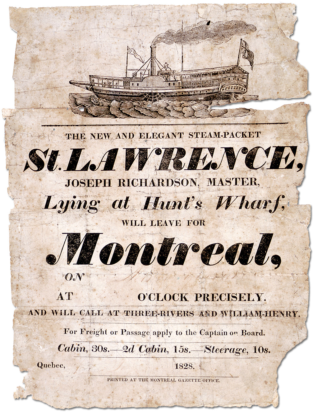 Affiche : L’élégant nouveau navire à vapeur St. Lawrence desservant Trois-Rivières et William Henry, 1828