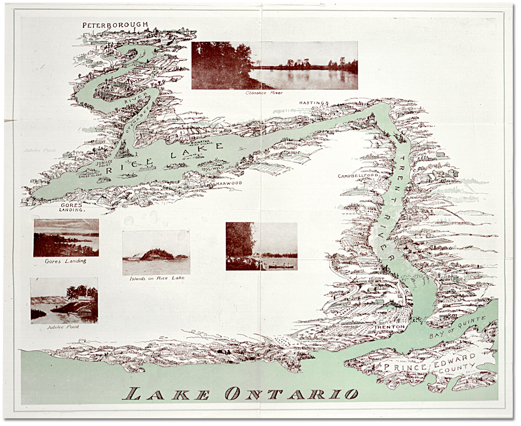 Map showing the water route from Peterborough to Lake Ontario via the Trent and Otonabee Rivers, [1910?]