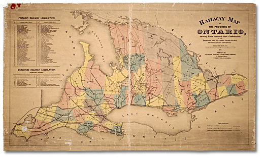 Carte du chemin de fer de la Province de l’Ontario montrant les voies établies depuis la Confédération par le Dominion et l’Ontario, 1875