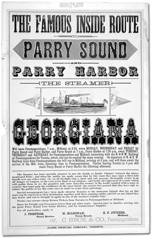 Poster: Steamer Georgiana running between Penatanguishine and Midland, Parry Sound and Harbour, [ca. 1879]