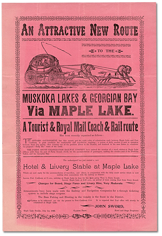 Une nouvelle ligne à destination de Muskoka Lakes et de Georgian Bay via Maple Lake Diligence de tourisme et de la poste, 1896