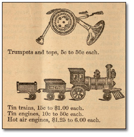 Christmas Catalogue, 1897: trumpets and tin trains