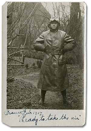 Portrait of Harry Mason in France, wearing his<br> pilot uniform, February 1917