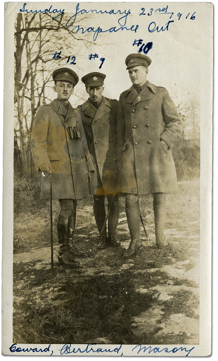 From left to right: Lieutenants [G.S.] Coward, Bertrand, and Harry Mason of  the “C” Company, 80th Overseas Battalion, Canadian Expeditionary Force (C.E.F.), in Napanee, Ontario, January 23, 1916