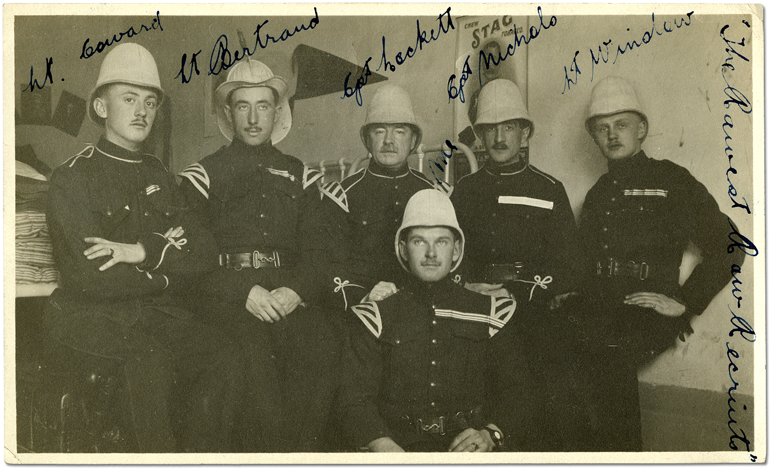 “The rawest raw recruits,” from left to right: Lieutenant Coward, Lieutenant Bertrand, Captain Lockett, Lieutenant Harry Mason, Captain Nichols, and Lieutenant Winslow, [ca. 1914-1917]