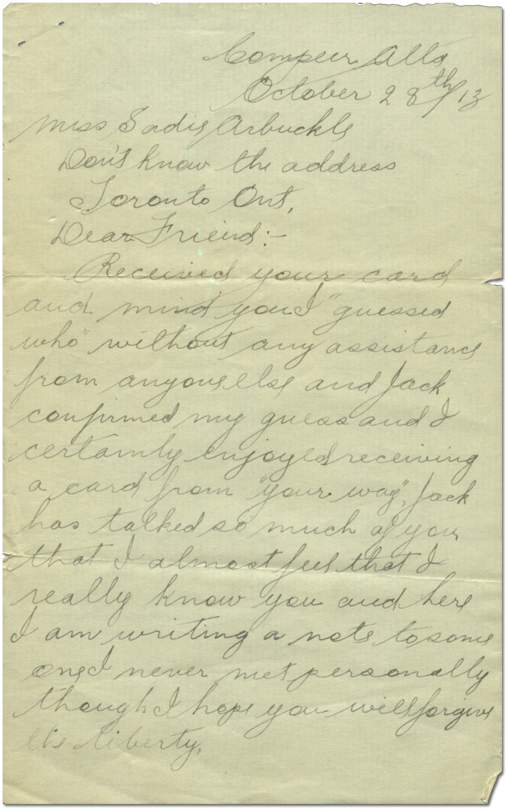 La première lettre de Harry Mason à Sadie Arbuckle, le 28 octobre 1913