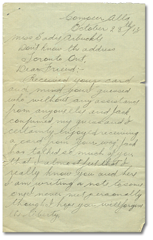 La première lettre de Harry Mason à Sadie Arbuckle, le 28 octobre 1913
