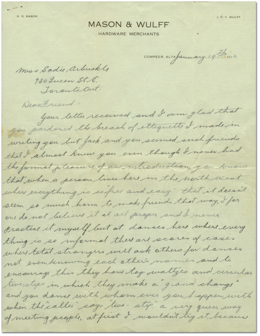 Lettre de Harry Mason à Sadie Arbuckle, le 19 janvier 1914