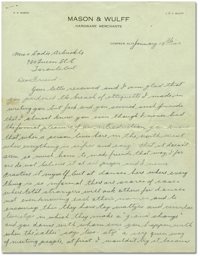 Lettre de Harry Mason à Sadie Arbuckle, le 19 janvier 1914