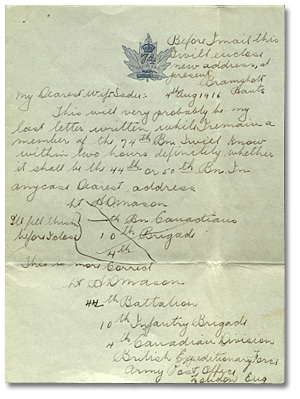 Lettre de Harry Mason à Sadie Arbuckle, le 4 août 1916