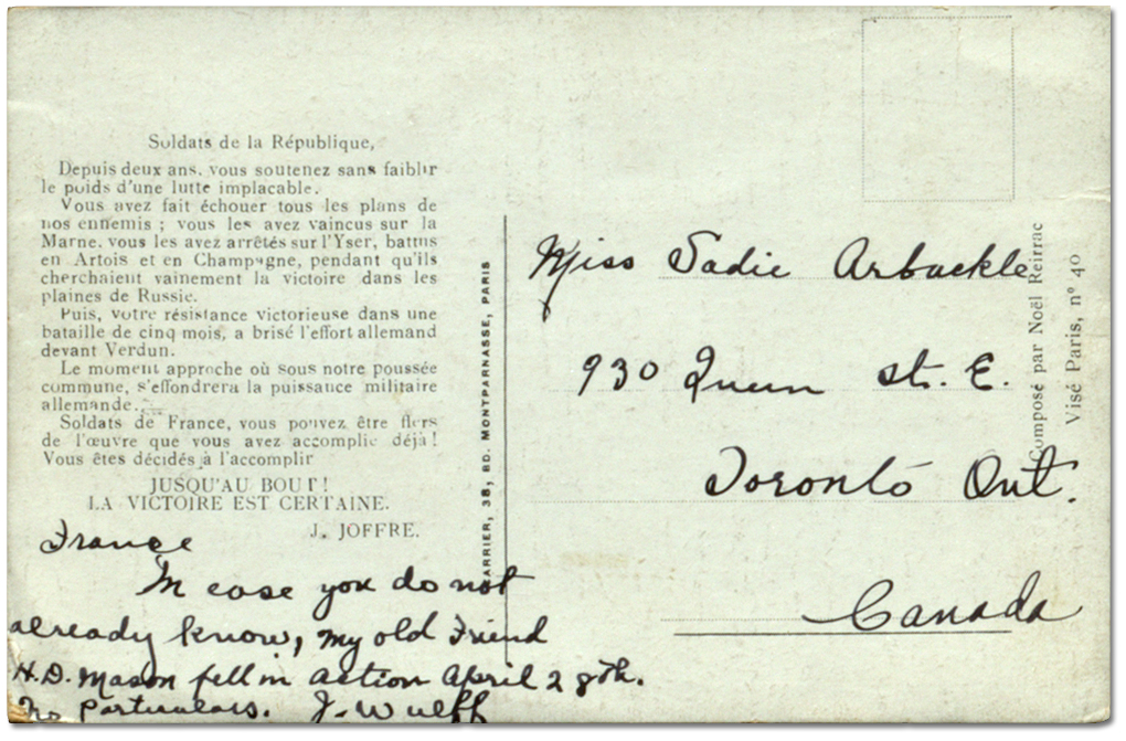 Postcard (back) from Jack Wulff to Sadie Arbuckle, notifying her of Harry Mason’s death, [1917]