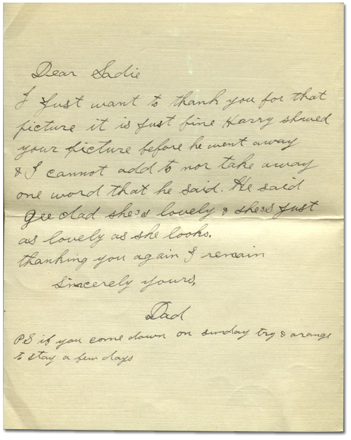 Lettre du père de Harry Mason, William E. Mason, à Sadie Arbuckle, [vers 1917-1918]