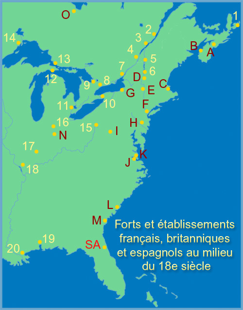 Carte : Forts et établissements français, britanniques et espagnols au milieu du 18e siècle