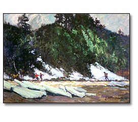 huile sur toile : By the River, Early Spring, [Près de la rivière, Début du printemps], 1911