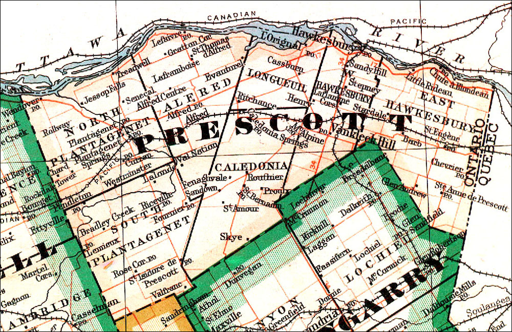 Large scale map of Comté de Prescott