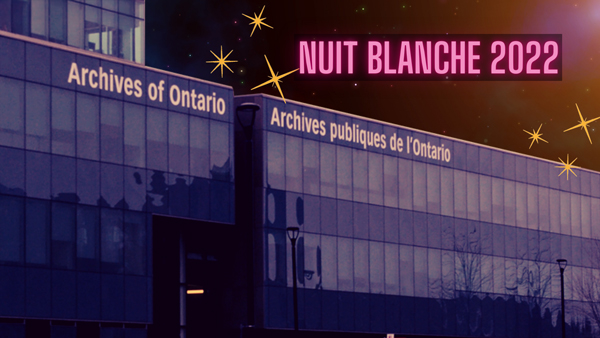 Exterior of the Archives of Ontario's building against a brightly coloured starry sky with Nuit Blanche 2022 in pink text in the upper right corner