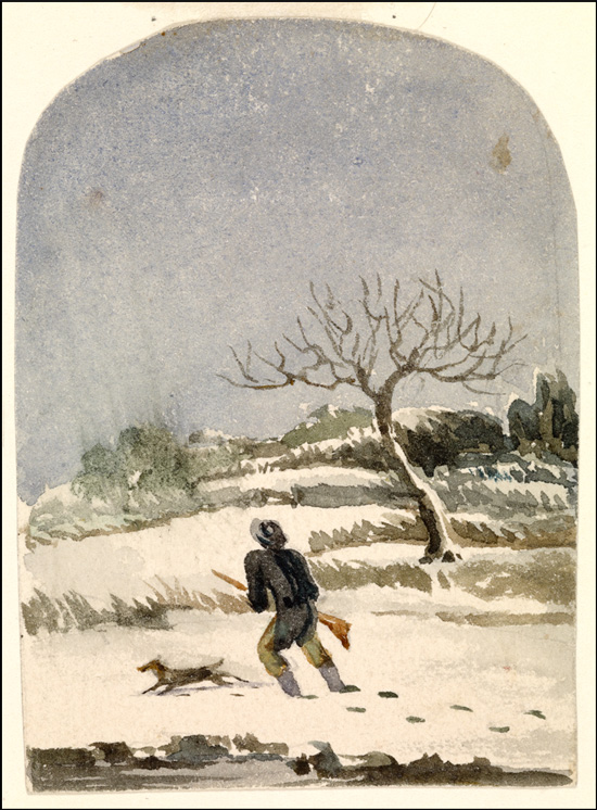 Aquarelle d’un chasseur et d’un chien, [entre 1850 et 1860] 