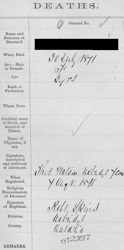 Example of Death Registration 1869 to 1896