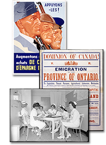 Montage of two documentary posters and a black and white photograph of nurses