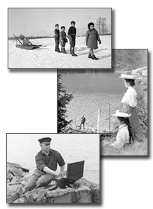 Montage of three old photographs, showing four children, two women, and a man with a cat