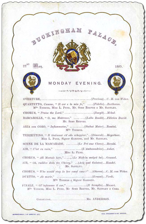 Programme musical présenté au palais de Buckingham, 22 mai 1865