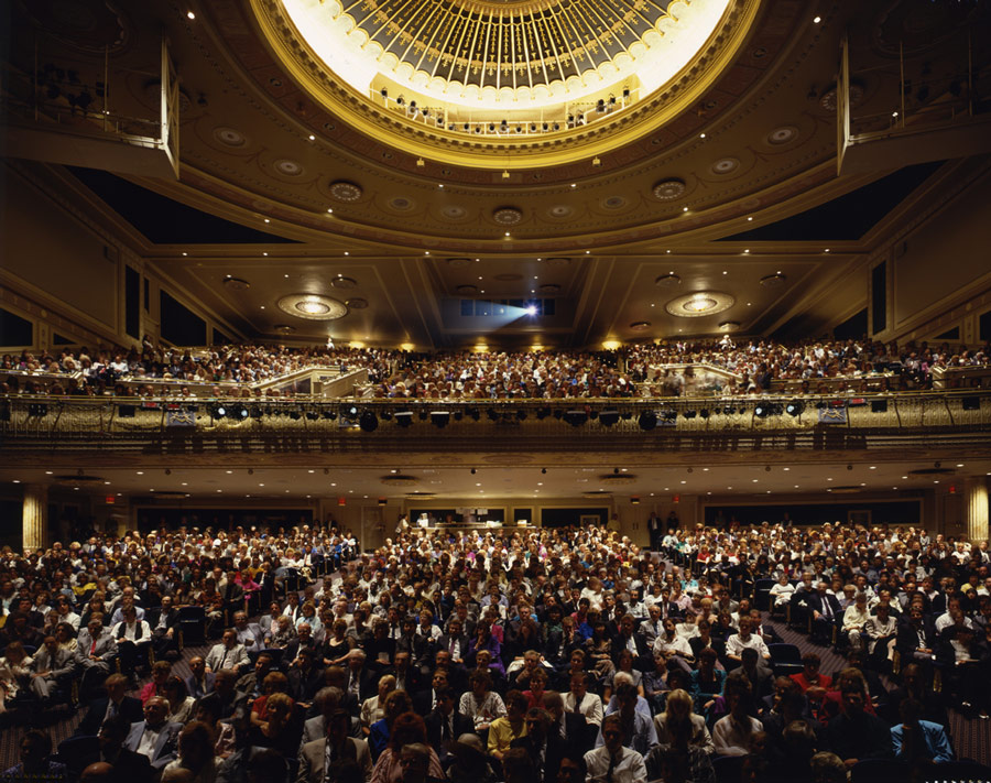 View from stage looking towards a packed house at the Pantages Theatre in Toronto, 1989.