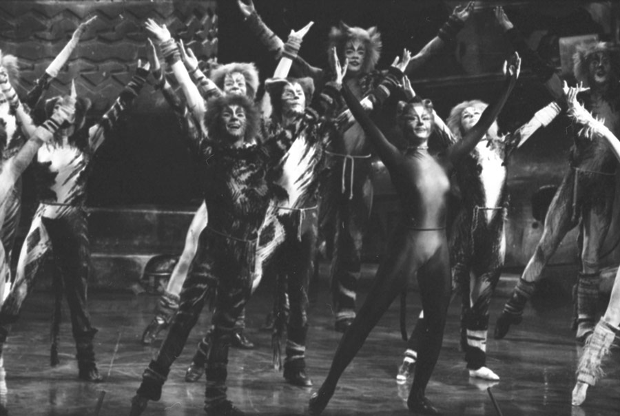 Onze interprètes en costumes de chat aux bras levés durant une scène de CATS au théâtre Elgin, Toronto, 1987