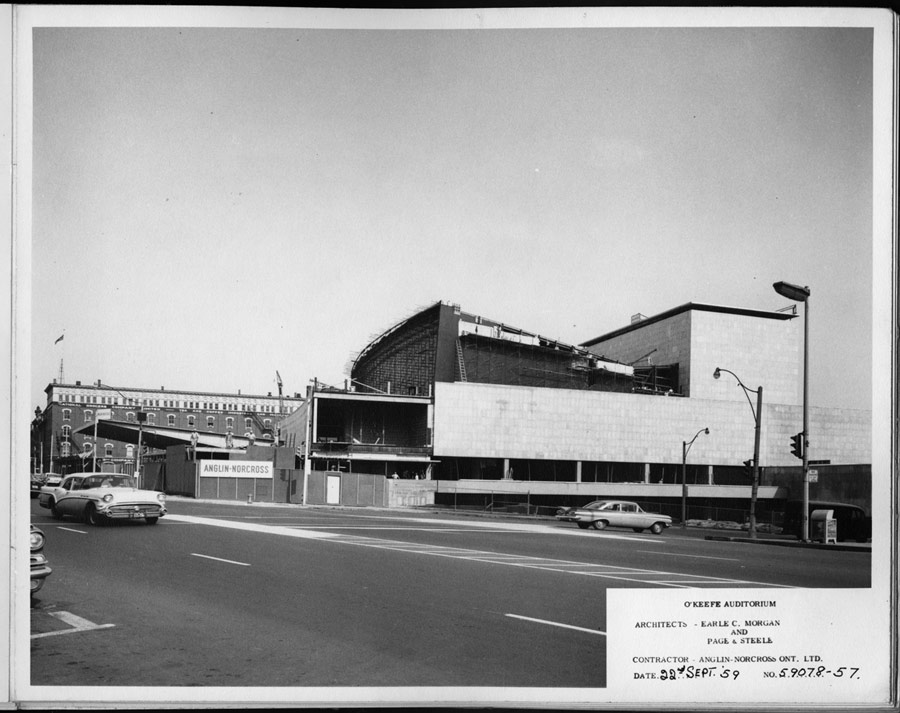 Street view of O’Keefe Centre in Toronto under construction in 1959.