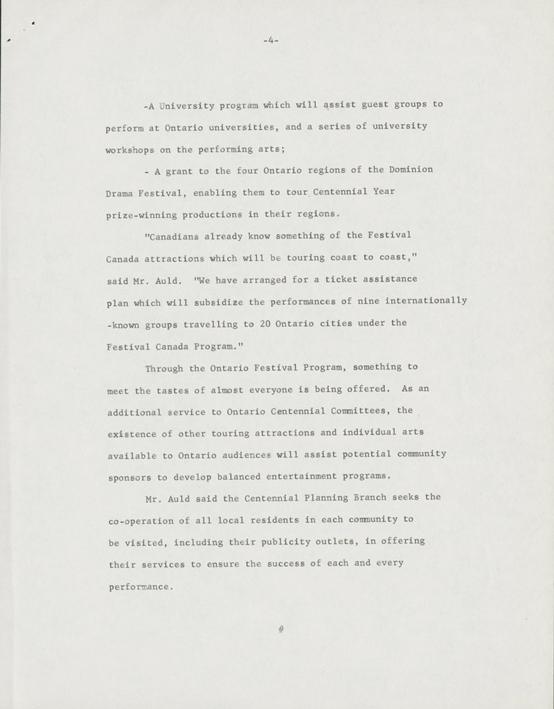 Communiqué de presse dactylographié du Festival des arts de la scène de l'Ontario, 1966, dernière de quatre pages.