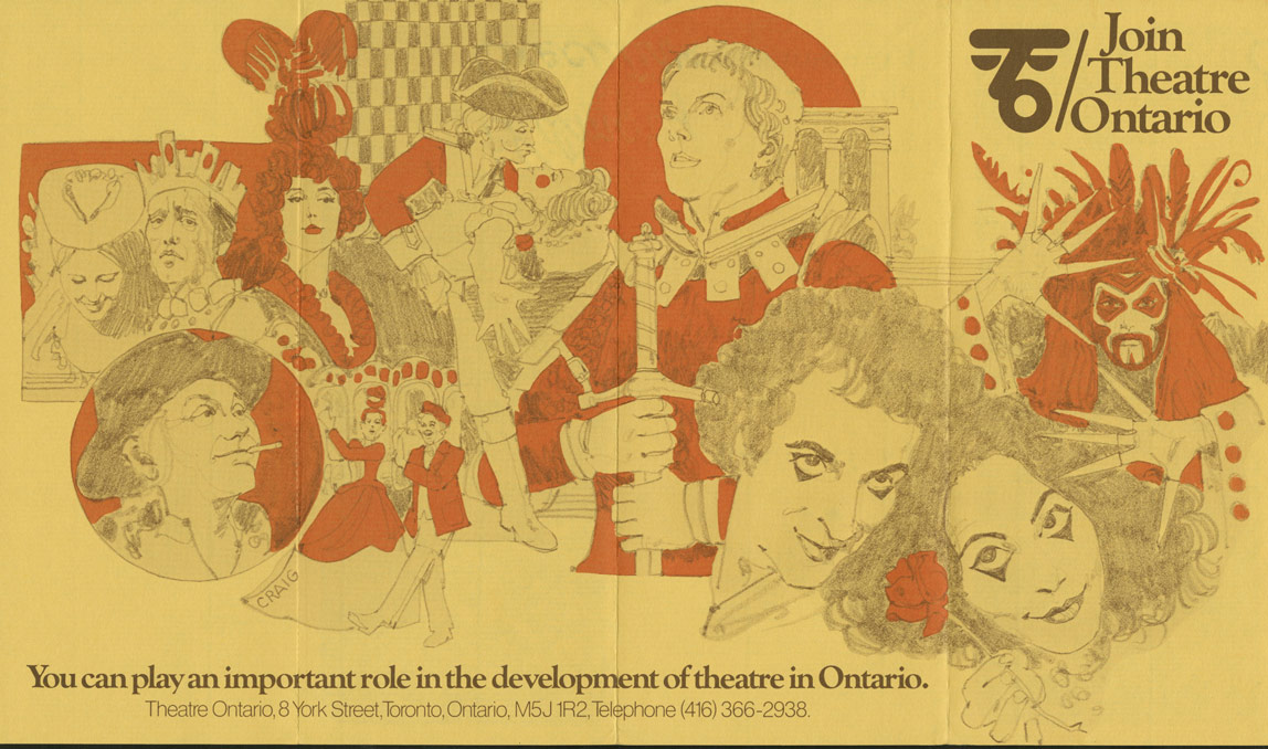 Brochure jaune Join Theatre Ontario avec illustrations au crayon et l’ombrage orange de douze acteurs costumés