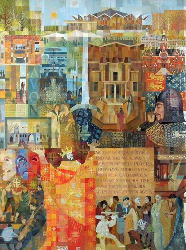 Colourful, geometric painting by Donald Lewis featuring Shakespeare and theatre imagery to depict Stratford, Ontario.
