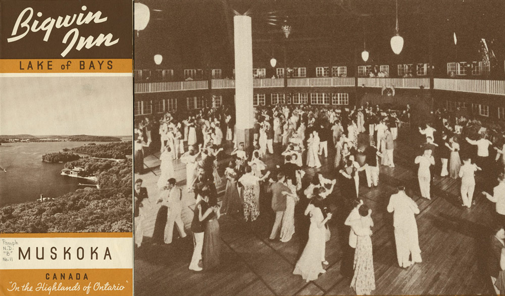 Cover of Bigwin Inn, Lake of Bays, Muskoka, Canada pamphlet with aerial view of the inn, lake and trees and Couples dancing in the rotunda ballroom at Bigwin Inn, Lake of Bays, Muskoka in the 1930s.