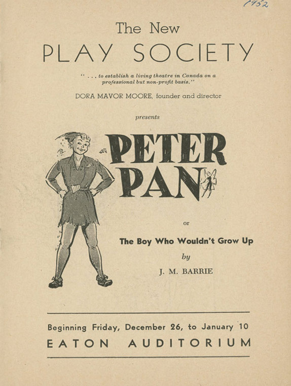 Front cover of the programme for Peter Pan by the New Play Society at Eaton Auditorium, Toronto, 1952.