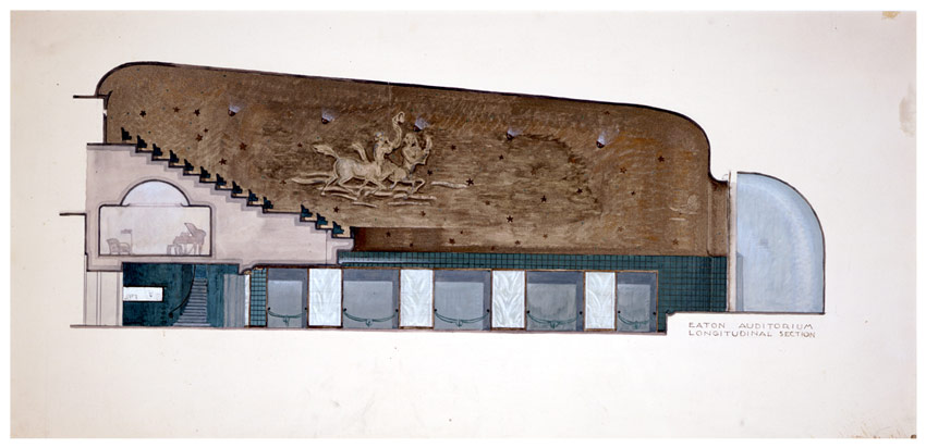 Architectural drawing in watercolour showing a side view of the Eaton Auditorium in Toronto, circa 1928-1930.