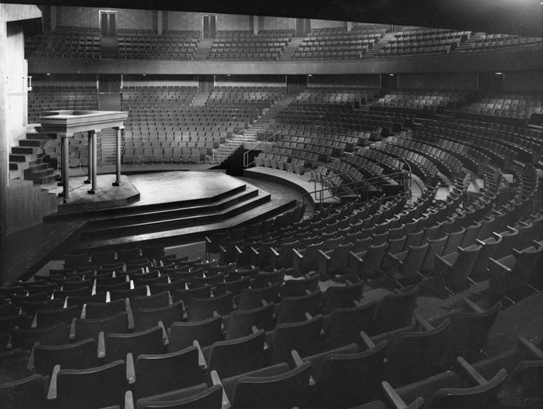 Festival Theatre auditorium and stage in Stratford, Ontario, circa 1953.