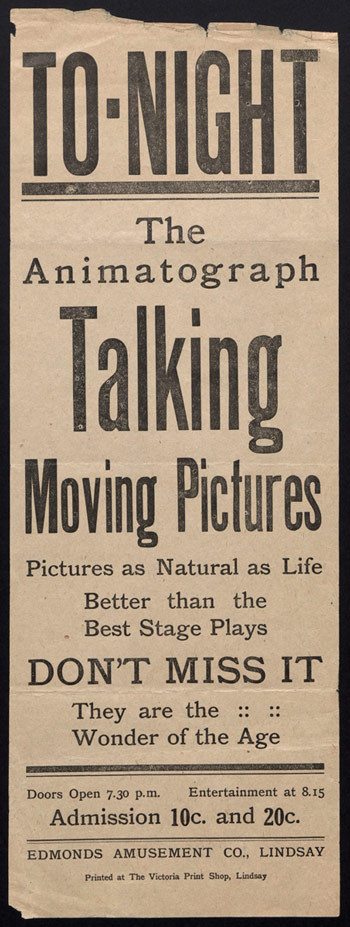 Advertisement for Talking Moving Pictures by Edmonds Amusement Company in Lindsay, Ontario.