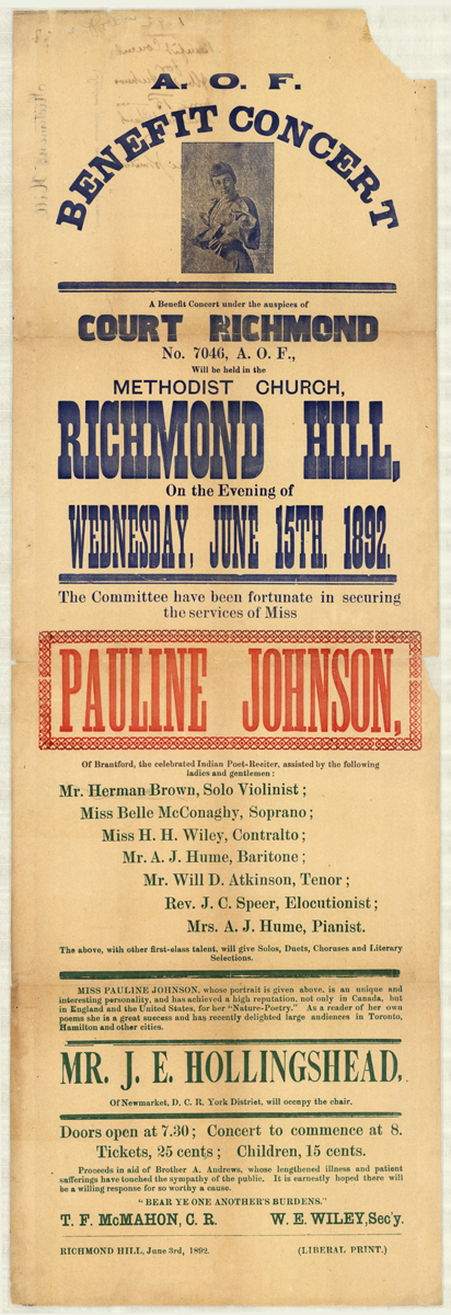 Poster for a benefit concert in Richmond Hill, Ontario on June 15, 1892, featuring Pauline Johnson.