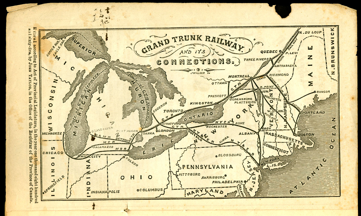Map of the Grand Trunk Railway from 1865, showing routes around the Great Lakes.