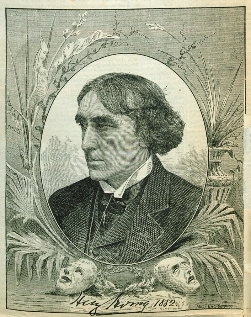 Bust portrait of Henry Irving in an oval frame surrounded by foliage with Comedy and Tragedy masks below.