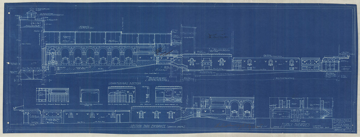Blueprint showing section drawing of the Tivoli Theatre in Hamilton, Ontario.