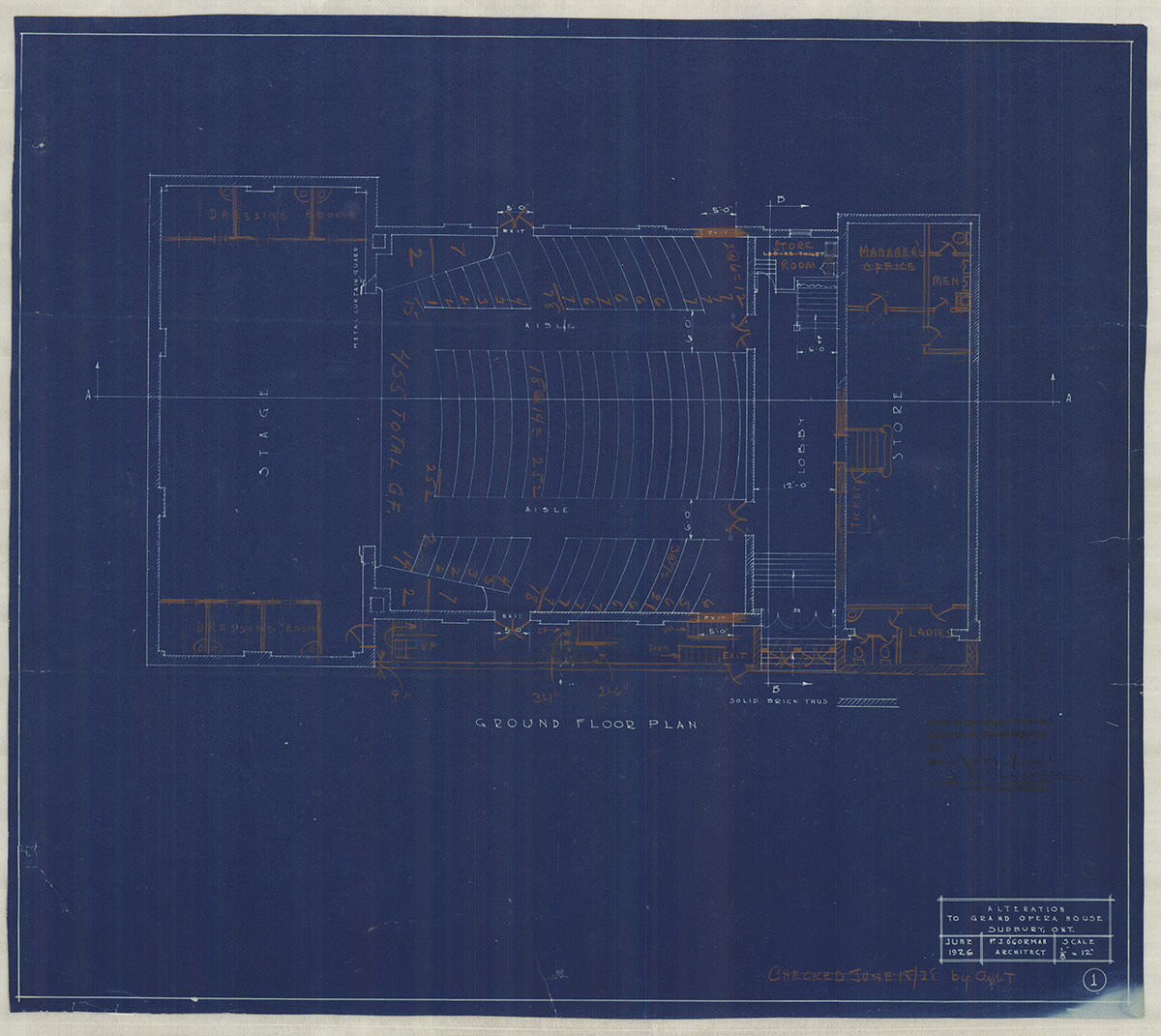Blueprint showing ground floor plan and alterations to the Grand Opera House in Sudbury, Ontario.