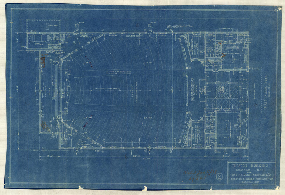 Blueprint showing ground floor plan and alterations to the Grand Opera House in Sudbury, Ontario.