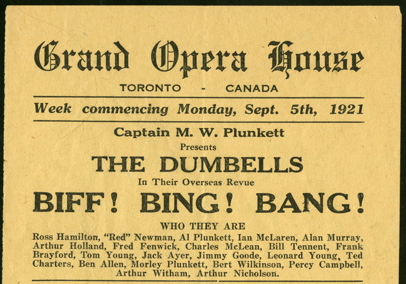 Publicité pour la revue outremer des Dumbells Biff! Bing! Bang! au Grand Opera House de Toronto en 1921