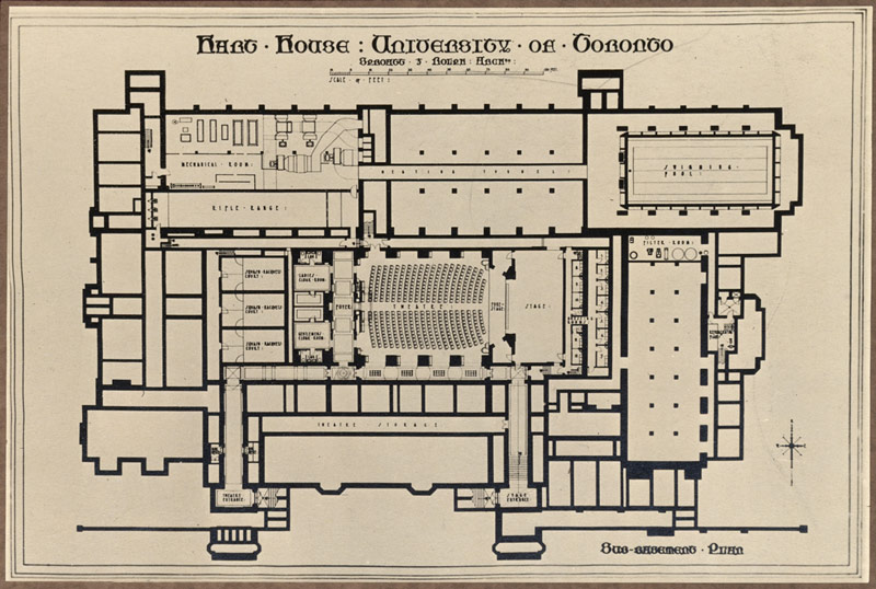 Sub-basement floor plan for Hart House from the 1920s, with theatre and stage in the centre.
