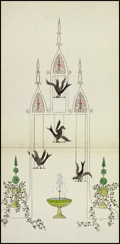 Dessin conceptuel des quatre merles noirs par Ted Konkle, 1959 