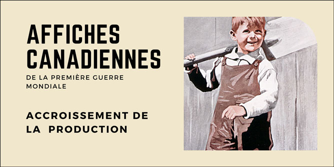 Bannière de la section « Accroissement de la production » de l’exposition, avec détail de l’affiche « Come into the Garden Dad! » 