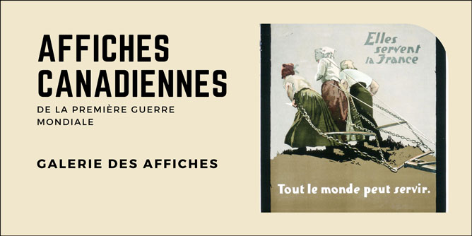 Bannière de la section « Galerie des affiches » de l’exposition, avec détail de l’affiche « Elles servent la France – Tout le monde peut servir »  