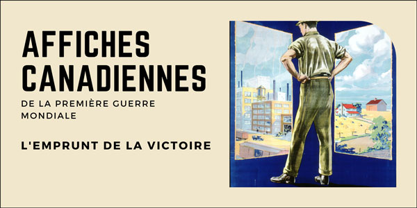 Bannière de la section « L’emprunt de la victoire » de l’exposition, avec détail de l’affiche « Re-establish Him » 